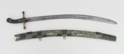 art-of-swords:  Kiliç Sword Dated: 17th century  Culture: Ottoman (Turkish) Measurements: overall length (in scabbard) 95 cm; blade length 75 cm The wooden scabbard is covered with a greenish ray skin and four butterfly shaped gilded silver mounts.