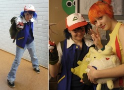 retacosplay:30 Days of Cosplay, day 1: Your first cosplay2009 February. Ash Ketchum, original anime version. The left one was a test pic and that’s why my hair is blue; we used washable hair dye to make it blacker. :-) Dear Kurttu as Misty.