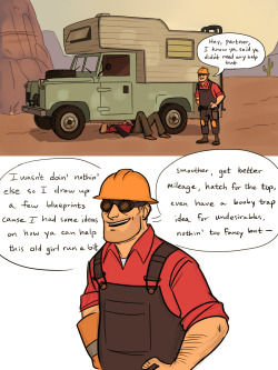 evra-tf2:  vesperstardust:  Operation Sniper Friendship: activate Plan BYou can’t be mad, he brought you beer, it’s the rule.For parallelpie! (“sniper trying to fix his van and engineer is trying really hard to get sniper to let him help with his
