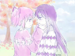 rumiberri:  &ldquo;Are you cold, Homura-chan?&rdquo; *squeaks* “N-No…” …I really like those sweaters!! 