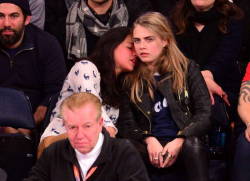 afterellen:  Last night at a Knicks game, noted lady-likers/beautiful Cara Delevingne and MIchelle Rodriguez guzzled booze, puffed e-cigs, and passionately kissed in a charming display of NO FUCKS GIVEN.     OMG