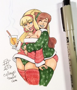 callmepo: Hot apple cider and a warm hug…  Tiny doodle of Holiday Hotties Pacifica and Mabel.  [Come visit my Ko-fi and buy me a coffee hot apple cider!]   