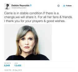 princess-slay-ya: HAPPY HANNUKKAH &amp; MERRY CHRISTMAS, CARRIE FISHER IS STABLE.   This news comes directly from her mother, Debbie Reynolds, and it appears as though Debbie will keep fans updated if Carrie’s condition changes. Please continue to
