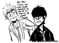 robotspacejelly:ITâ€™S AN OFFICE AU (oh god). If Black Adder is never gonna give me my Office setting theme show then I gotta find an outlet somewhere. AU where they work for a record label.Murdoc is a Cranky old bachelor whose given way too many years