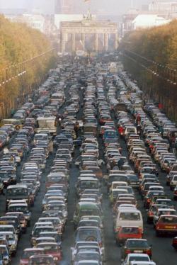 Traffic Jam near the Brandenburg Gate as thousands of East Germans move into West Berlin on the first Saturday after the fall of the Berlin Wall. November 1989.