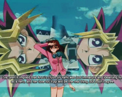ygo-confessions:   full confession:    I’ve seen it implied that Anzu’s crush on Yami was just immature and idealising him as a hero, and her love for Yugi will be the real thing, but I don’t agree. In the manga she’s often the one who hears about