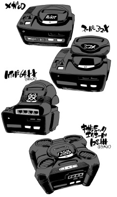 hyperchaotix:  piyotycho:  メガドライブパワーアップユニット（妄想あり）  A world where all of Sega’s consoles were just Genesis addons, each with their own power supply. 