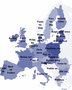 ninosbrain:  cosimageekhaus:  tatbrochu:  peterfromtexas:  How to say fuck you in any language in Europe  &ldquo;krijg de pleuris&rdquo; i am SCREAMING i have never said that in my entire life  This map is 100% ignorant. Yebie se is not how you say fuck