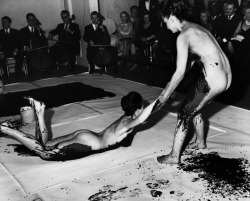 nobrashfestivity: Yves Klein, Anthropomorphic “living brush” paintings, 1960′s