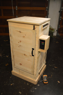 This Thanksgiving I was determined to smoke my turkey. I looked at several options for turkey smokers, but I thought I could do better. I picked up a PID controller and a few hotplates online and got to work. I built the box out of pine, making sure to
