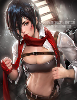 sakimichan:  More attack on titan , Mikasa this time, I just had to draw her and her abs when I saw it in the anime *_*!! also tried a bit of a perspective in this piece to make it a little more interesting : D    PSD,Video process, High res of this