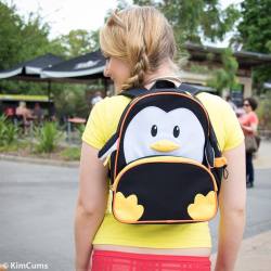 Meet Mr. Penguin! #sexy #cute #blonde #wickedweasel #pigtails #braids #penguins #backpack #yellow #red #tshirt