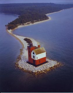 me-lapislazuli:Round Island Lighthouse, Straits of Mackinac, Michigan, USA (Lakes Huron &amp; Michigan)
