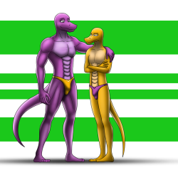 Commission work for AYBfim of the Haribo Twin Snake mascots on their packaging, all done in anthro style and in speedos.The purple one is sweet and the orange one is sour.
