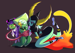 cheesecakes-by-lynx:  Its a green, space-invader threesome!  Hope everyone enjoys their St. Patty’s Day as much as these three are gonna enjoy themselves… Peridot’s feeling a wee bit nervous… 