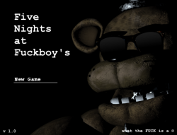 sablesugar:  Five Nights at Fuckboy’s is a FNAF fangame created by Sable K.H. and Joshua Shaw in RPG Maker VX Ace featuring fucking unfair difficulty, text-to-speech voice acting, and beautiful, beautiful animatronic yiffing. You control Freddy, who