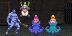 Screen shot from the game hentai game Chijoku No Troll Busters with the three busty female adventurer in the trollâ€™s dungeon, two of which are having an paizuri tit fuck competition to see whoâ€™s got the most oppai big tits of all. Iâ€™m not sure of