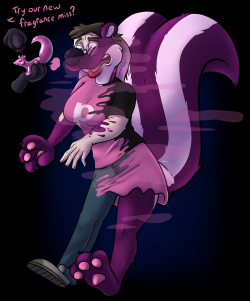 stripes-skoon: @blogshirtboy really needs to practice his perfume dodging skills. Oh well at least she is pleasantly aromatic now! I seriously love how this turned out! That skunk bottle is perfect!