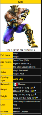 karlosmadera:  King literally lists “tears of children” as one of his dislikes in the Tekken series.  I’m guessing it must be pretty fucking tough for a 6ft 7 inch tall man in a jaguar mask to avoid the tears of children. Seriously, look at this