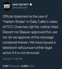 themonsterwithoutaname:  lazydragon0316: why-am-ihere-again: The guys who made the Harlem Shake copywrite claimed the FCC Chairman’s shitpost video. These guys are truly Chaotic Good.  You guys need to stop using the phrase “chaotic good” so freely.
