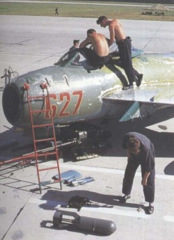 georgy-konstantinovich-zhukov:  Grounds-crew service a Polish Lim-6bis, a domestically produced light attack aircraft using the MiG-17 design. (Butowski Collection) 