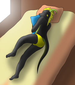 Fuze mentioned once that with bikini briefs, he could get enough sleep and wake up at sunrise. The less he wore, the earlier he’d wake. So here he is probably about to wake in a few minutes