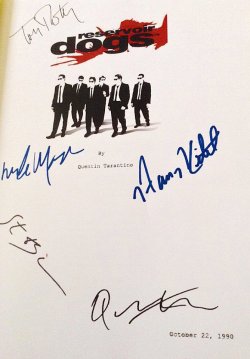 cehrulean:    Possibly the coolest thing I own. Definitely the nerdiest. Signed by Quentin Tarantino, Harvey Keitel, Tim Roth, Steve Buscemi, and Michael Madsen.