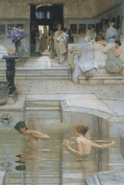 montreve:  seapuke:  A Favourite Custom, 1909  Oil on wood Sir Lawrence Alma-Tadema   &ldquo;The tiles, emblazoned with fish, were slick beneath my bare feet, heated beneath by an unseen hypocaust. I slipped the robe from my shoulders and descended