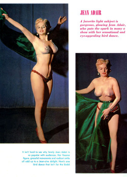 Jean Adair     (aka. Jeanne Adair) As featured in the pages of the June ‘58 issue of ‘FROLIC’ magazine..  Early in her career, Jean performed wearing an exotic mask, billing herself as “Miss X” to add an element of mystery to her Burly-Q