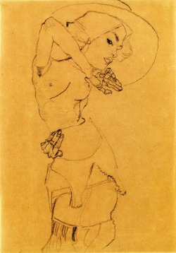 dappledwithshadow:  Standing Nude with Large Hat (Gertrude Schiele, the Artist’s Sister), Egon Schiele 1910 