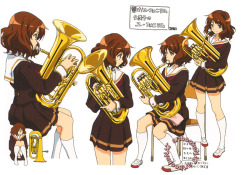 artbooksnat:  Sound! Euphonium (響け！ユーフォニアム) Instrument focused character designs from Hibike! Euphonium, illustrated by Shoko Ikeda (池田晶子), to keep details like hand positioning and sizing consistent between animators. Diagrams