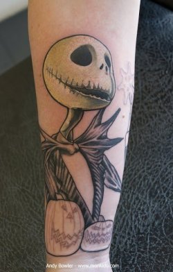 fuckyeahtattoos:  Nightmare Before Christmas themed sleeve in progress. After four hours, the pumpkins have all been lined in around the wrist and Jack’s nearly finished by Andy Bowler, Monki Do Tattoo Studio, Belper, Derbyshire, UK 