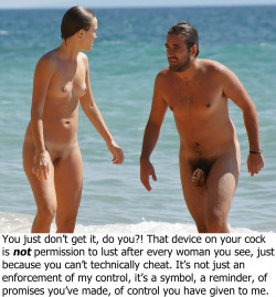 chastebob:  Picture sourced from tumblr hot-day-at-the-beach Chastity device added in Photoshop, caption by Chastebob.