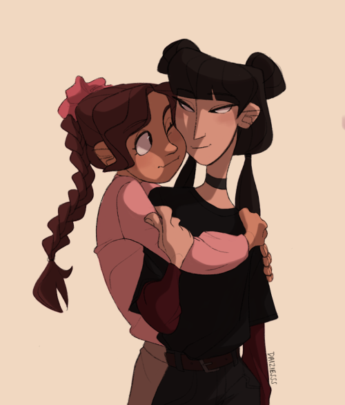 atlasapphics:  aibarn:  goth girl and her pink gf   [ID: A digital drawing of Mai and Ty Lee from Avatar: The Last Airbender. They are both drawn in modern clothing, Ty Lee with a pink scrunchy in her hair holding up her classic braid. She wears pink