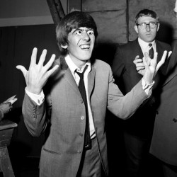 losetheboyfriend:  George Harrison wearing googly eyes on the set of A Hard Day’s Night (1964) 