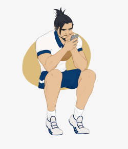 mirimi: olympic archer Hanzo checking his phone 