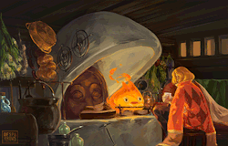 ofsparrows:I like to think that Howl and Calcifer just sat down and had tea and a chat once in a while. You would too if your fireplace were a sentient fire demon. It’s one of the perks. (Super late submission to ghibli jam, which I only found out about