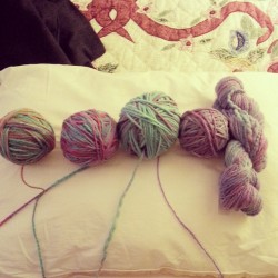 Down to the last hank. I hate winding&hellip; but I love center pulling too much.  BTW, yarn is from Geek Chic Knits!  (Geekchicknits.com)