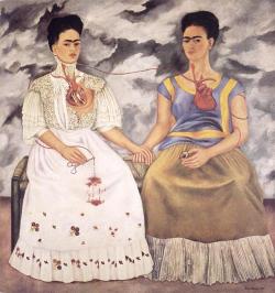  “The Two Fridas” was created by Kahlo during her separation from her husband, Diego Rivera. It depicts kahlo’s two diverse sides, her highly-cultural art-loving self and her empty refined self, attempting to stop the bleeding of her broken, heavy