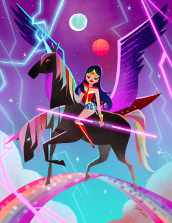 joeyart:  Since Its comic con week. here’s Wonder woman riding a 2 headed black rainbow pega unicorn while holding a 2 head lightsaber. the horse shoot out lighting from their unicorn too 
