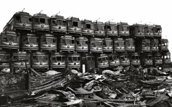 Pacific Electric Railway streetcars stacked at a junkyard on Terminal Island, March 1956.