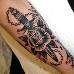 illustratedgentleman:  Details of the dagger and rose #traditional #tattoo #dagger #rose #chain 