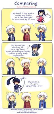 tenshi-art:  K/No.6/D.Grayman crossover Since I posted some K Project stuff I got many comments saying that Shiro+Kuroh look like Shion+Nezumi and like Allen+Kanda, and so I got the idea for this crossover comic.(Personally I don’t think they’re that