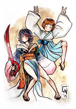 c-dra:  Happy birthday to my friend, linh-sama!  I wanted to try an Okami-inspired watercolor rendition of Ryuko and Mako.  I chose the worst paper to work on though. Whenever I laid down any color, it would just sit ON TOP of the paper in a water bubble