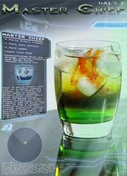 thedrunkenmoogle:  Master Chief (Halo cocktail) Ingredients:2 parts Midori1 part Jack Daniels1 part JagerLemon Lime sodaOrange Mio Liquid Water EnhancerBlue Mio Liquid Water EnhancerMango Puree  Directions: Pour 2 parts over ice in a hefty lowball