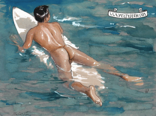 gay-erotic-art:  men-in-art:  Surfing Buddies - Jordan Surfing - Jordan Surfing 2 - Nude SurfingFelix d'Eon   Autumn has arrived and we say goodbye to summer and all that comes with it. Many gay artists, photographers and painters, use the beach as their