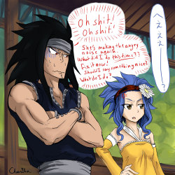 cheerilea:  Gajeel in Trouble by ~Cheerilea I thought it was so cute in the OVA where levy just looked away and said, “heeeee…….” when she was angry at Gajeel and he freaked out about it. So I wondered if she always did this and what it would