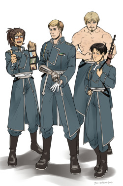 thebritishteapot:  Like every tv show I’m obsessed with, SNK also had to go through my personal rite of passage and be crossed over with Fullmetal Alchemist. I don’t know what to say about this. I laughed for 20 minutes at Mike. 