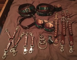 dominionleathershop:  A regular customer gathered all her gear up to show it off….collar, wrist cuffs, ankle cuffs, thigh cuffs, 3 2 clasp tethers, 1 hogtie, 3 behind the back tethers!