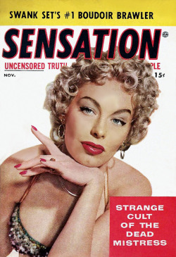 Lili St. Cyr graces the cover of the November ‘54 issue of ‘SENSATION’ magazine; a popular 50’s-era Men’s Pocket Digest..
